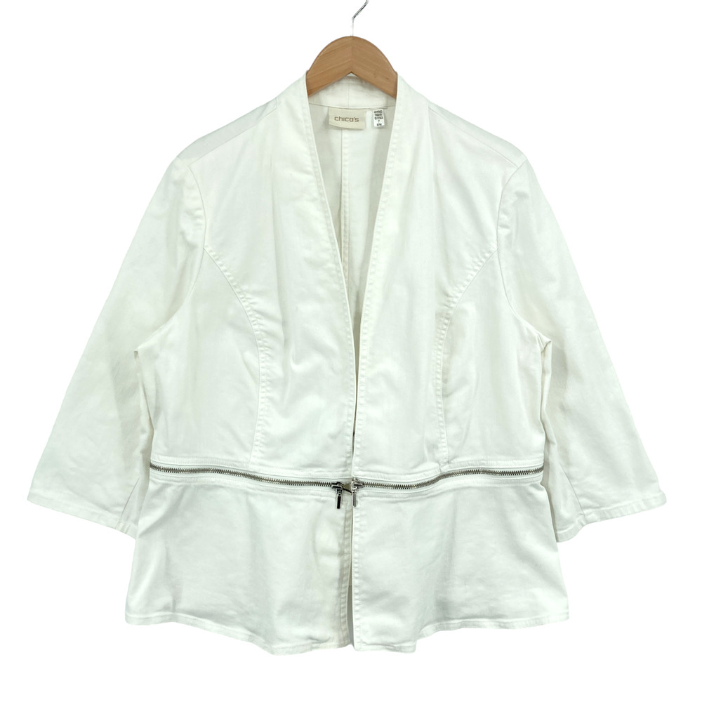 Chico's Jean Jacket Womens Size 2.5 White Denim Peplum Cropped Open Front